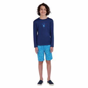 NWT Spyder SPF 30+ Youth L 2-piece Swim Set Rashguard & Swim Trunks Blue